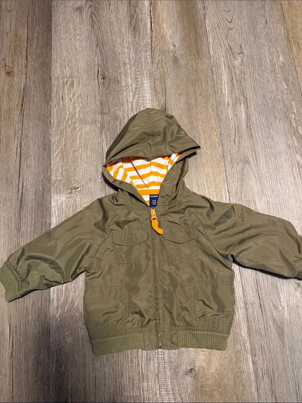 Old Navy Olive Hooded Jacket with Orange & White Striped Lining